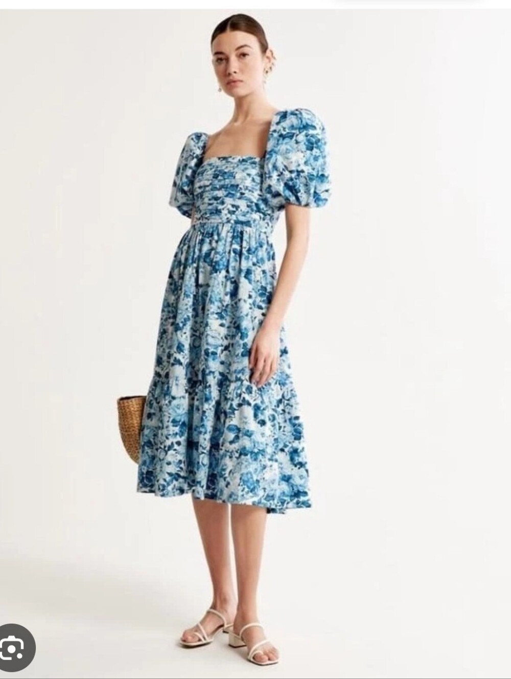 ABERCROMBIE & FITCH | Emerson Poplin Puff Sleeve Midi Dress Blue Floral Sz XLP - Picture 2 of 9